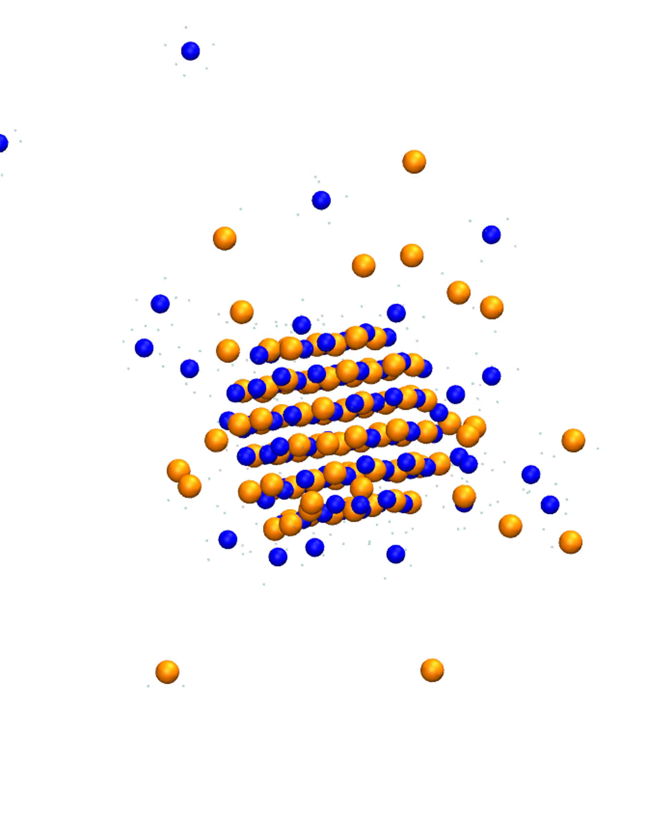 Simulation still showing a nanoscale sodium chloride cluster in water
