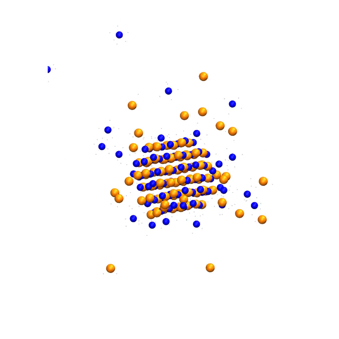Simulation still of a salt cluster dissolving in water